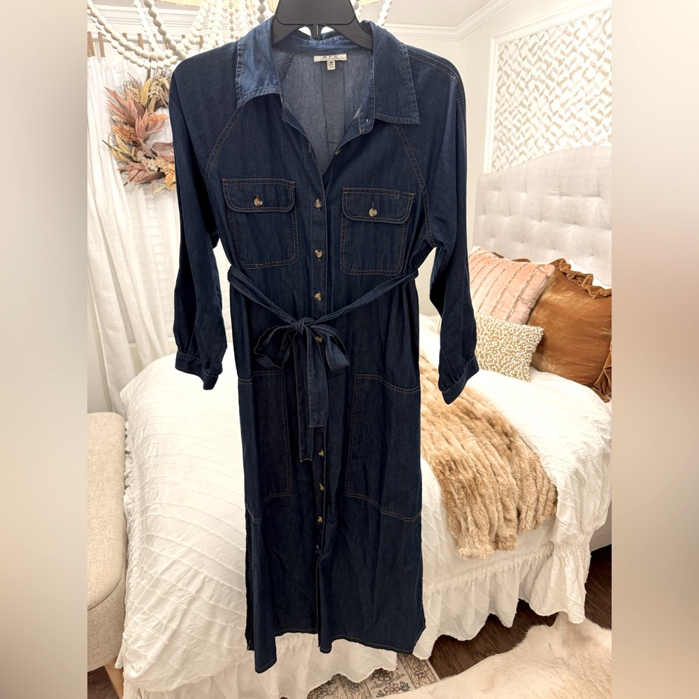 Lightweight denim blue jean dress with belt